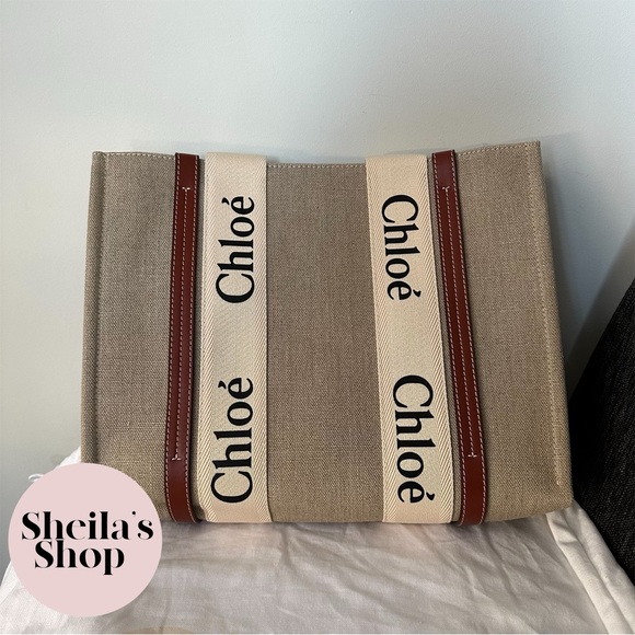 NWT Chloe Woody Medium Tote Bag Leather-Trimmed Canvas White & Brown - Picture 7 of 10